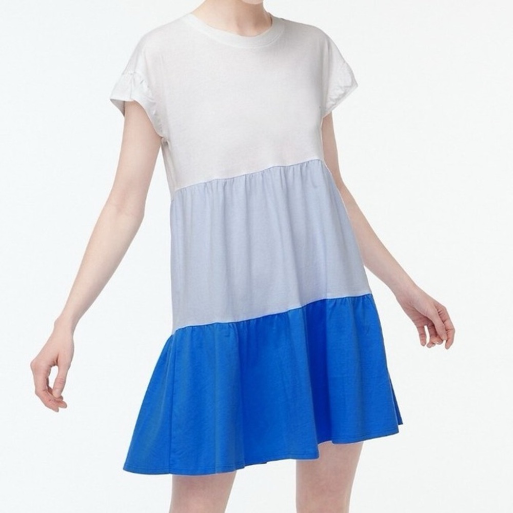 J. Crew Flutter- Sleeve Colorblock T-Shirt Dress Tiered Blue and White Large